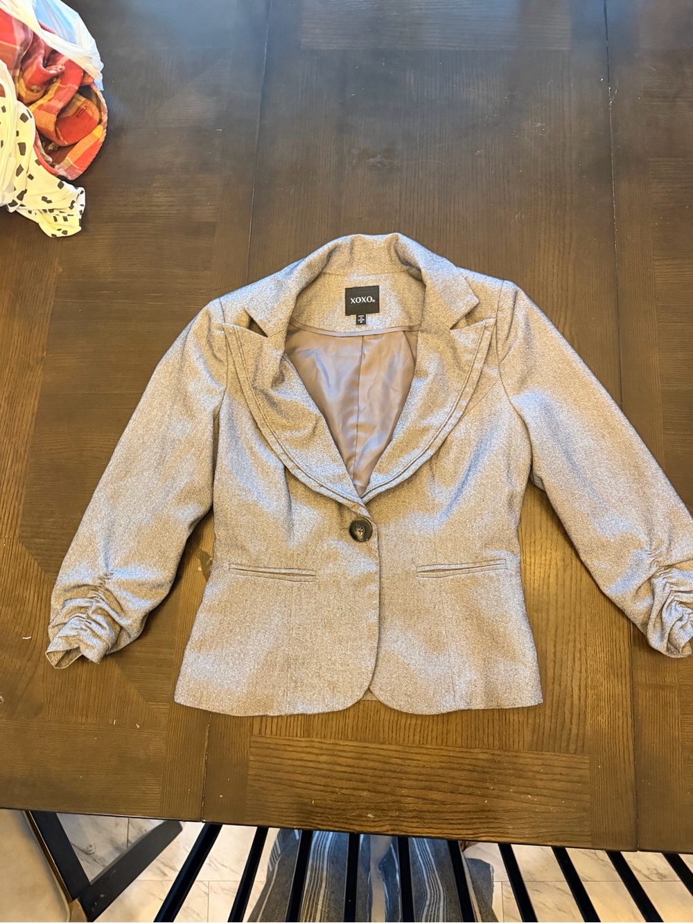 XOXO Shimmering Silver Single-Button Blazer with Ruched Sleeves